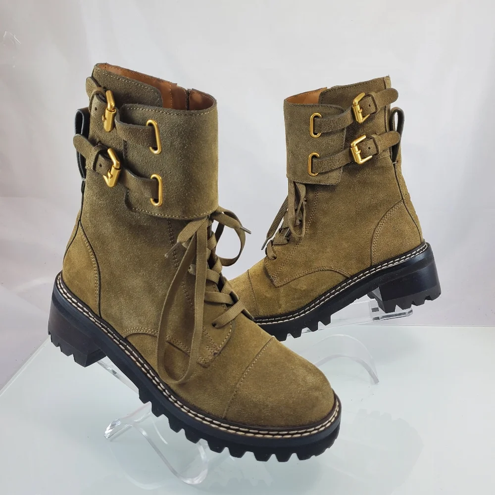 NWT$525 See by Chloe Mallory Leather Buckle Strap Ankle Combat Boots Sz 37.5 - Picture 7 of 12